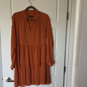 Staccato Brown and Orange Tiered Sundress with Bishop Sleeves